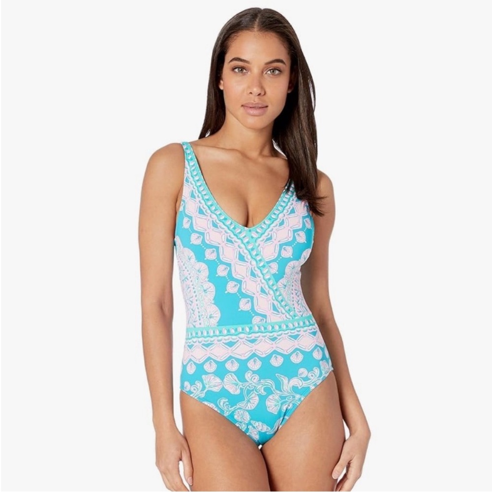 Lilly Pulitzer Shiloh one peice swimsuit Turquoise teal size 16 XL NWT water ya